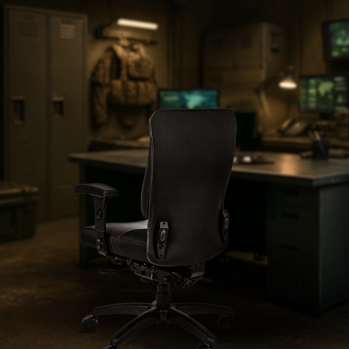 Police command chair with ergonomic back and duty belt clearance