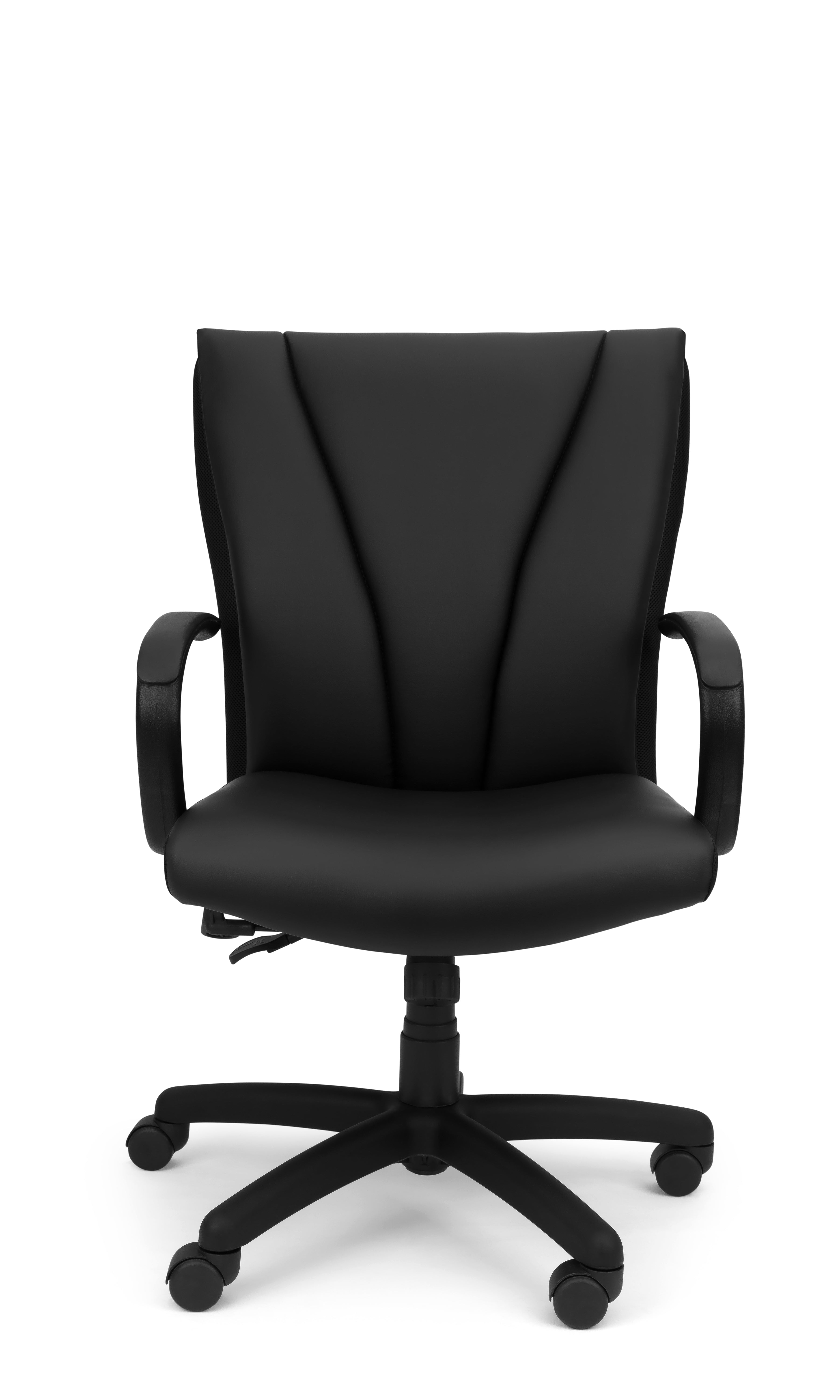 A high-back office chair with black upholstery and a five-wheeled base, designed for conference or executive use.