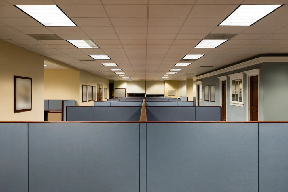 Mid-room, full office set up with Wall Dividers, Desks, Monitor Arms, Keyboard Trays, Anti-fatigue Mats & of course - CHAIRS!